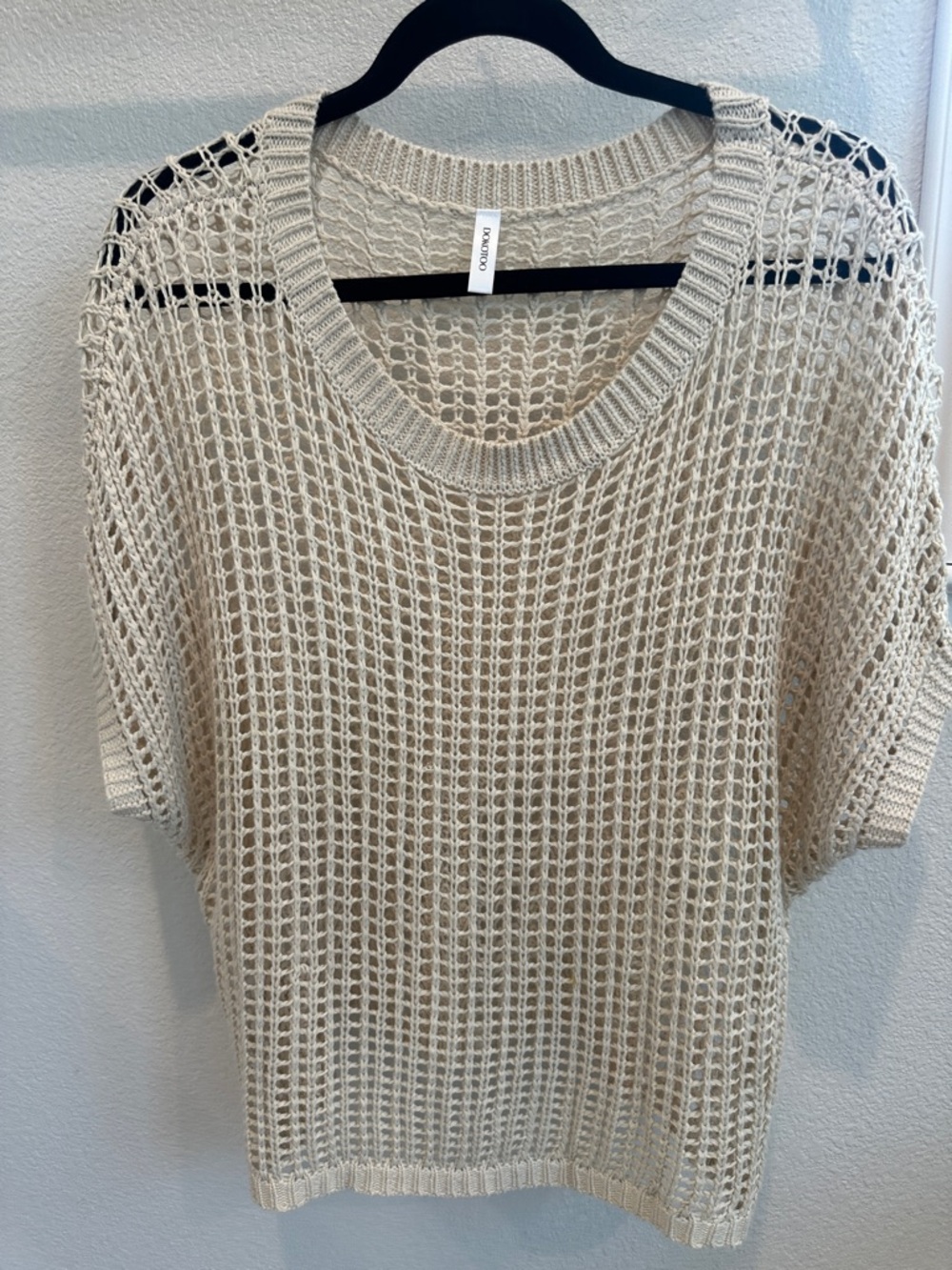 Open-Knit Short Sleeve Sweater Top in Beige
